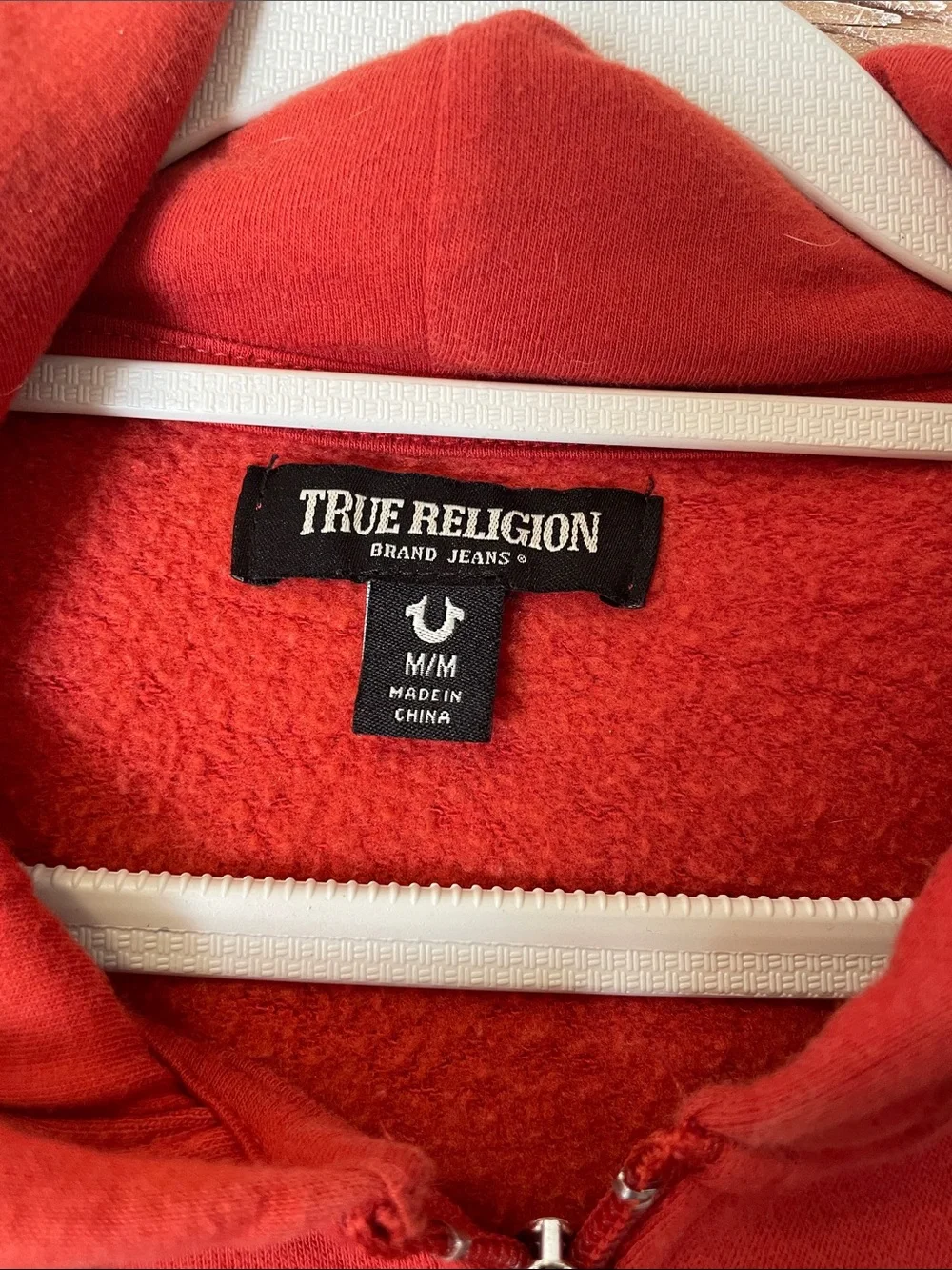 Red True Religion Red Zip-Up Hoodie horseshoe logo on the left chest Size Medium